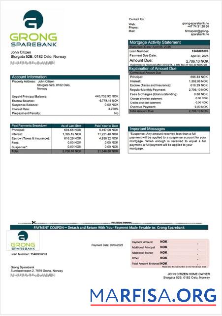 Realistisch Norwegen Grong Sparebank Hypothek Kontoauszug Word and PDF Vorlage