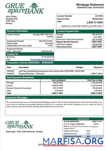 Premium Norwegen Grue Sparebank Hypothek Kontoauszug Word and PDF Vorlage