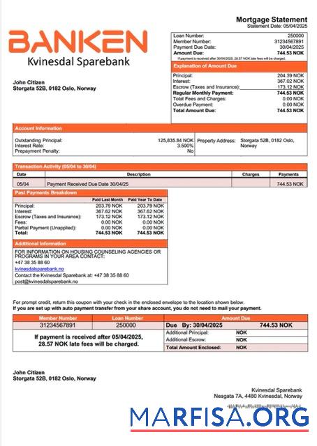 Hohe Qualität Norwegen Kvinesdal Sparebank Hypothek Kontoauszug Word and PDF Vorlage
