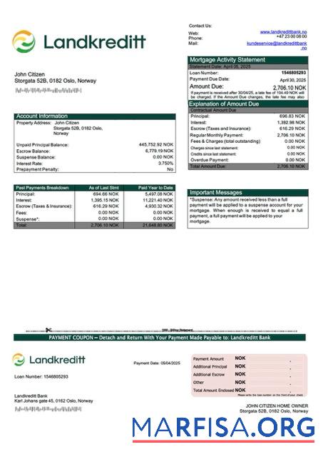 Realistisch Norwegen Landkreditt Bank Hypothek Kontoauszug Word and PDF Vorlage