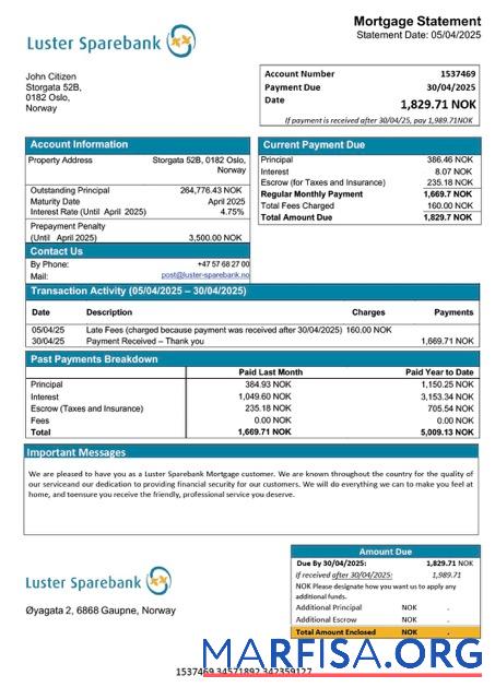 Bearbeitbar Norwegen Luster Sparebank Hypothek Kontoauszug Word and PDF Vorlage