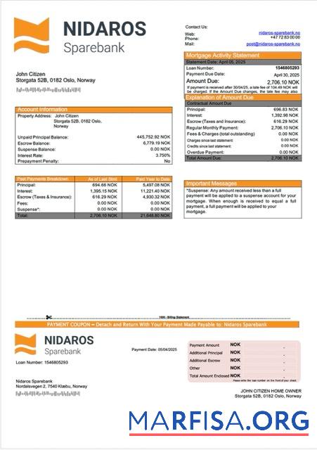 Realistisch Norwegen Nidaros Sparebank Hypothek Kontoauszug Word and PDF Vorlage