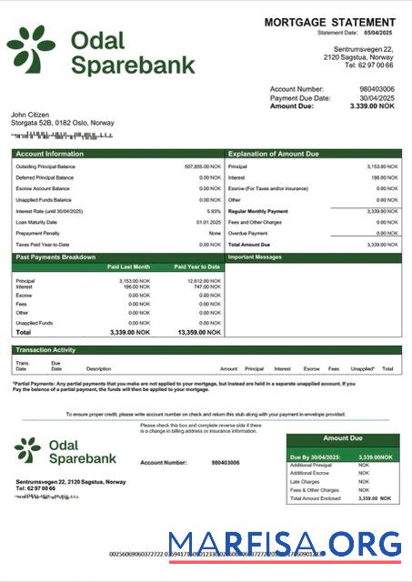 Hohe Qualität Norwegen Odal Sparebank Hypothek Kontoauszug Word and PDF Vorlage