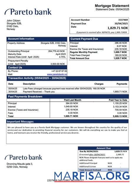 Bearbeitbar Norwegen Pareto Bank Hypothek Kontoauszug Word and PDF Vorlage