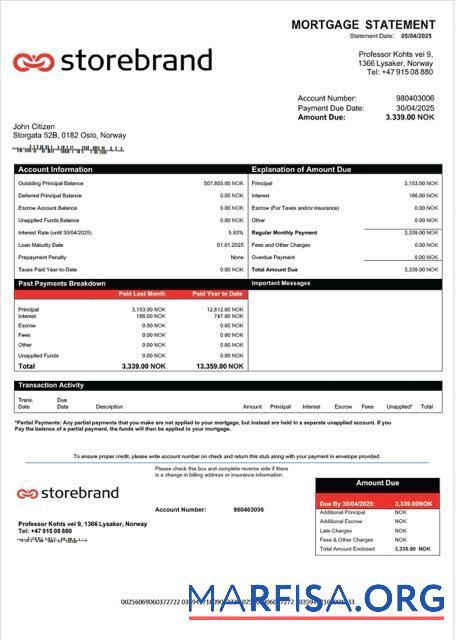 Premium Norwegen Storebrand Bank Hypothek Kontoauszug Word and PDF Vorlage