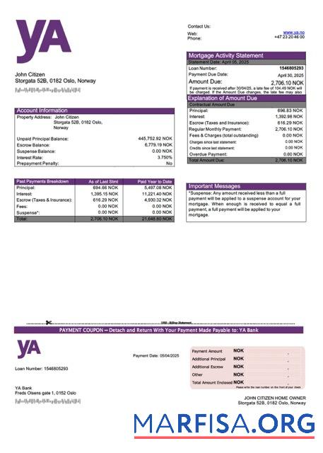 Bearbeitbar Norwegen yA Bank Hypothek Kontoauszug Word and PDF Vorlage