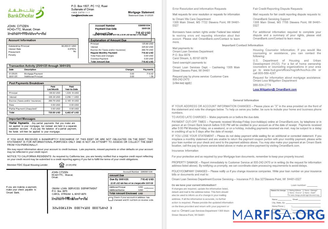 Omani Bank Dhofar Hypothek Kontoauszug in Word and PDF Formate Vorschau