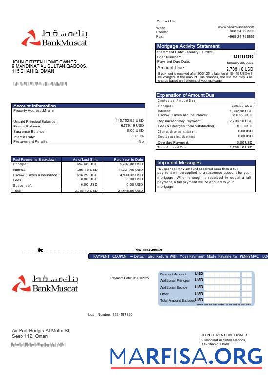 Omani Bank Muscat Hypothek Kontoauszug in Word and PDF Formate Probe
