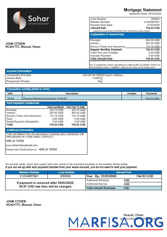 Omani Sohar International Hypothek Kontoauszug in Word and PDF Formate Mockup