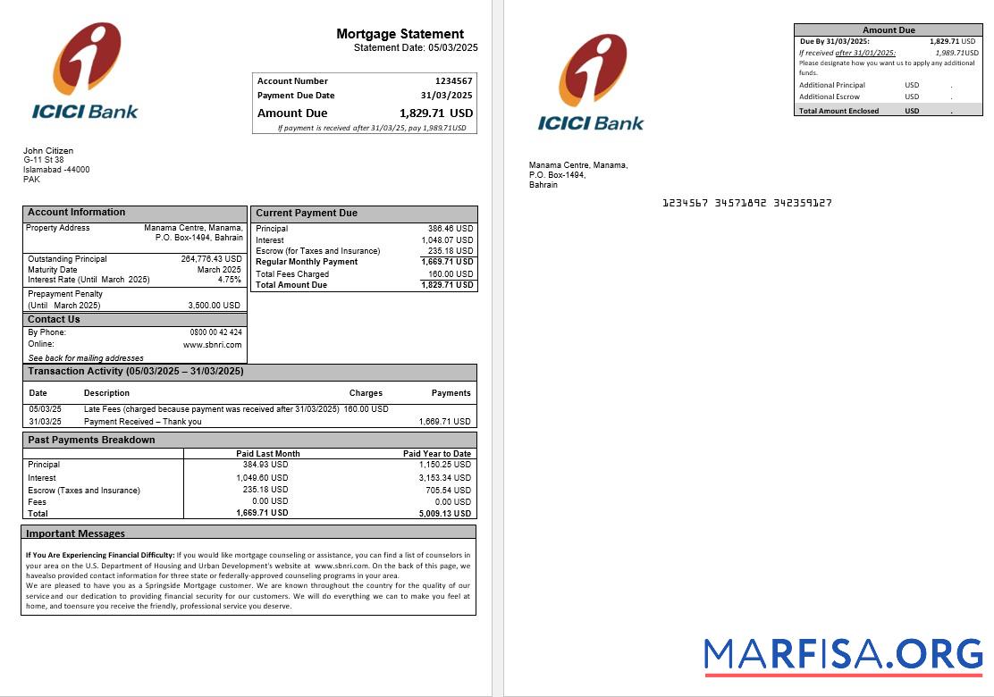 Pakistan ICICI Hypothek Kontoauszug in Word and PDF Formate without wm Vorlage