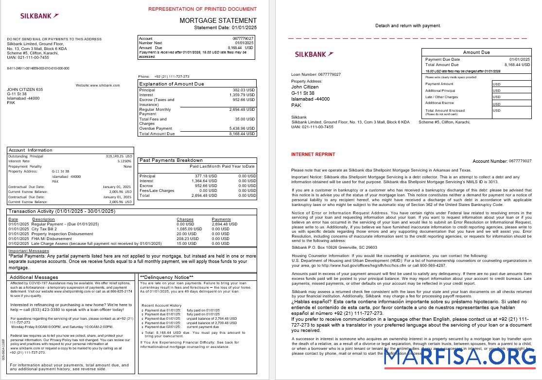 Pakistan Silkbank Hypothek Kontoauszug in Word and PDF Formate, 3 pages 1 2 Vorlage