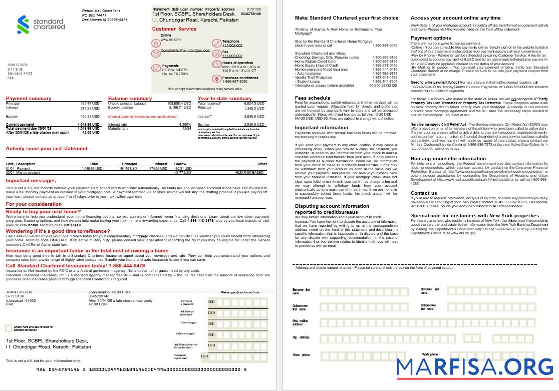 Pakistan Standard Chartered Hypothek Kontoauszug in Word and PDF Formate, 2 pages Vorlage