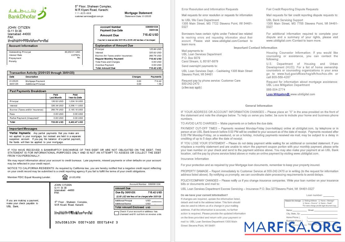 Pakistan UBL Hypothek Kontoauszug in Word and PDF Formate Design