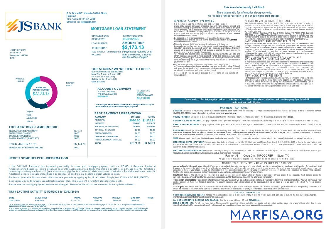 Pakistan JS Hypothek Darlehen Kontoauszug in Word and PDF Formate , 4 1 2 Design
