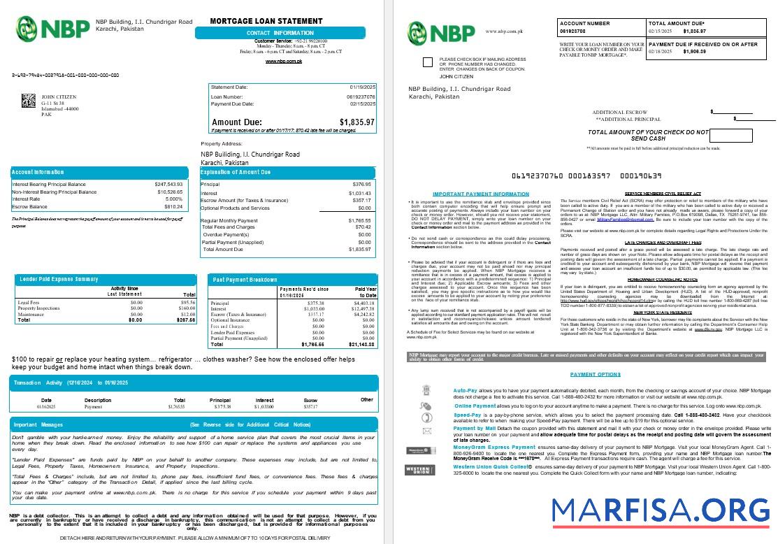 Pakistan NBP Hypothek Darlehen Kontoauszug in Word and PDF Formate , 8 1 2 Probe