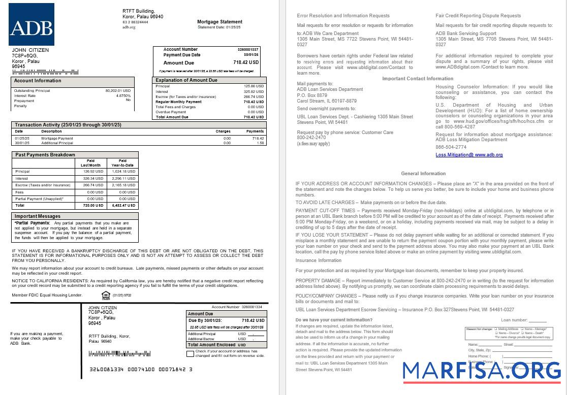 Palau ADB Hypothek Kontoauszug in Word and PDF Formate Vorlage