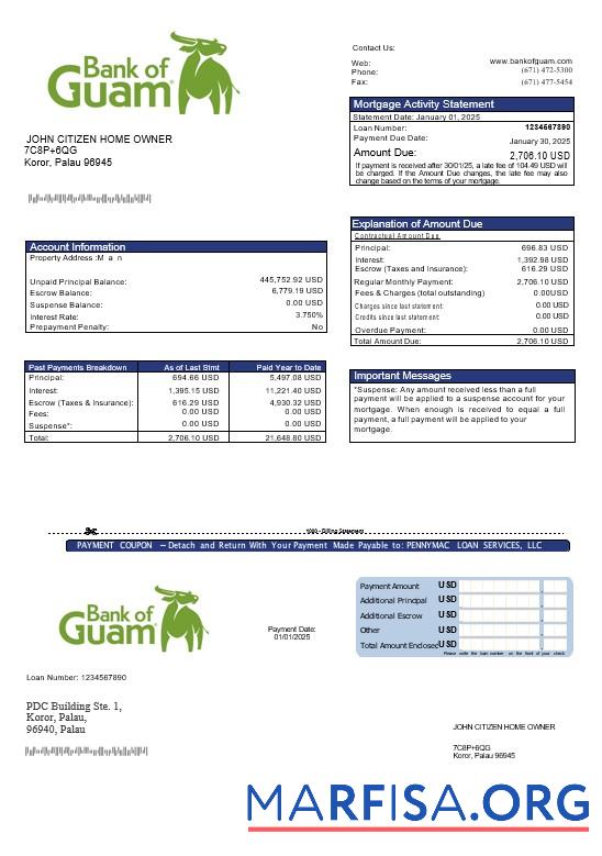 Palau Guamanian Bank Hypothek Kontoauszug in Word and PDF Formate Design