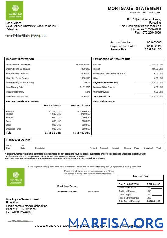 Palästina Quds Bank Hypothek Kontoauszug in Word and PDF Formate Mockup