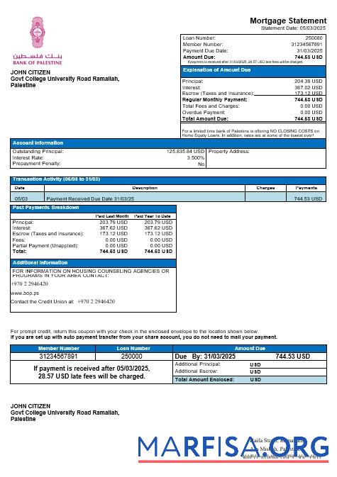 Palästina Bank of Palästina Hypothek Kontoauszug in Word and PDF Formate Probe