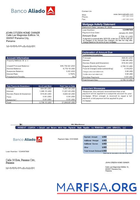 Panama Banco Aliado Hypothek Kontoauszug in Word and PDF Formate Vorschau