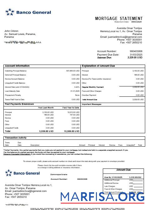 Panama Banco General Hypothek Kontoauszug in Word and PDF Formate Mockup