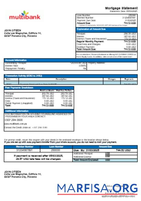 Panama Multibank Hypothek Kontoauszug in Word and PDF Formate Vorschau