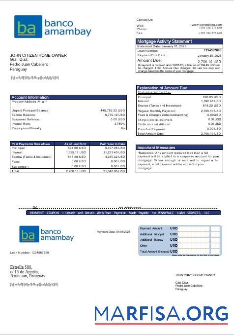 Paraguay Banco Amambay Bank Hypothek Kontoauszug in Word and PDF Formate Design