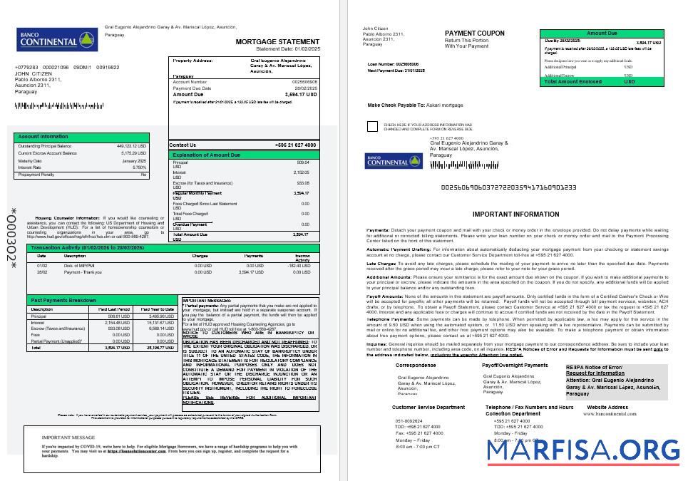 Paraguay Banco Continental S.A.E.C.A. Hypothek Kontoauszug in Word and PDF Formate 1 2 Mockup