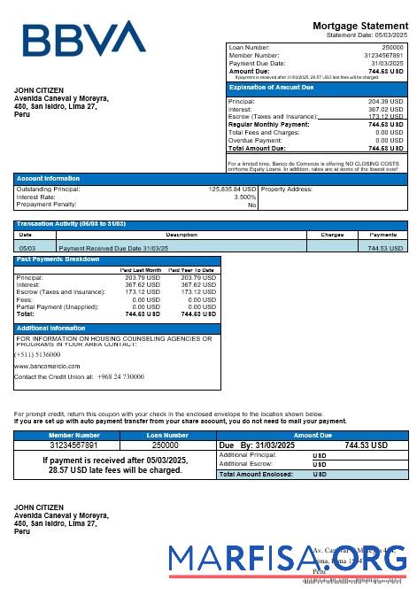 Peru Banco de Comercio Hypothek Kontoauszug in Word and PDF Formate Probe