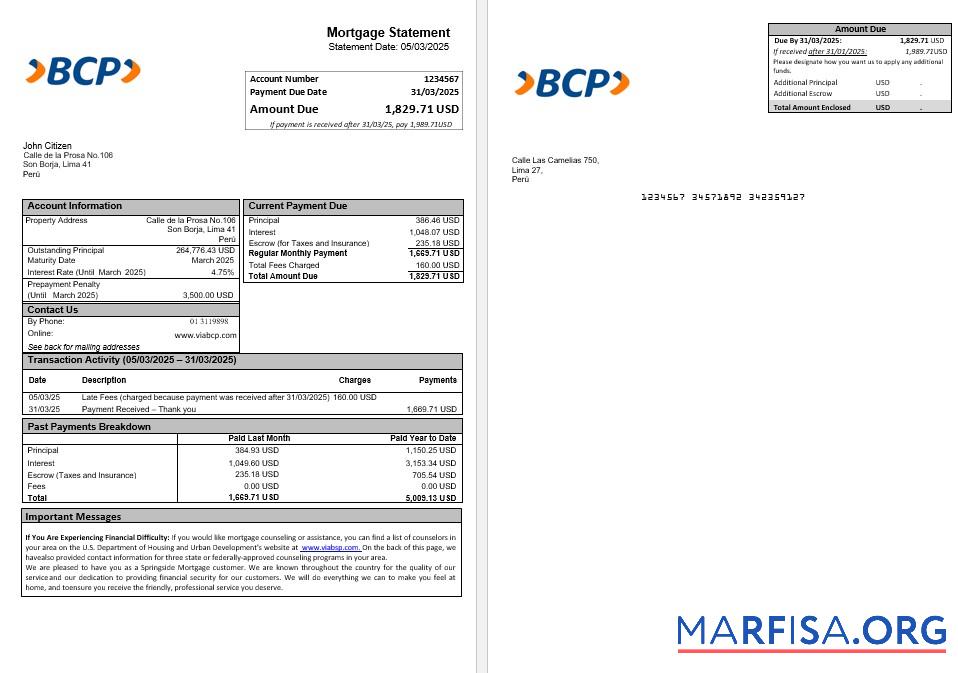 Peru Banco de Credito (BCP) Hypothek Kontoauszug in Word and PDF Formate Vorlage