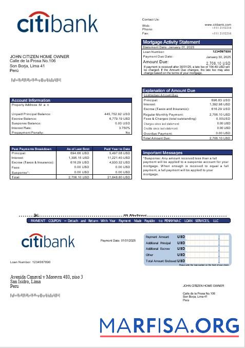 Peru Citibank Hypothek Kontoauszug in Word and PDF Formate Probe