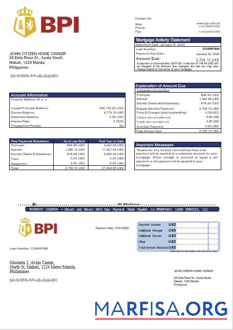 Philippine Bank of The Philippine Islands Hypothek Kontoauszug in Word and PDF Formate Probe