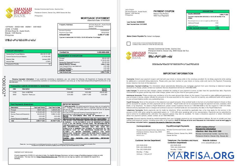 Philippinen Al Amanah Islamic Investition Bank Hypothek Kontoauszug in Word and PDF Formate 1 2 Design