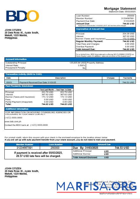Philippinen BDO Hypothek Kontoauszug in Word and PDF Format Vorlage