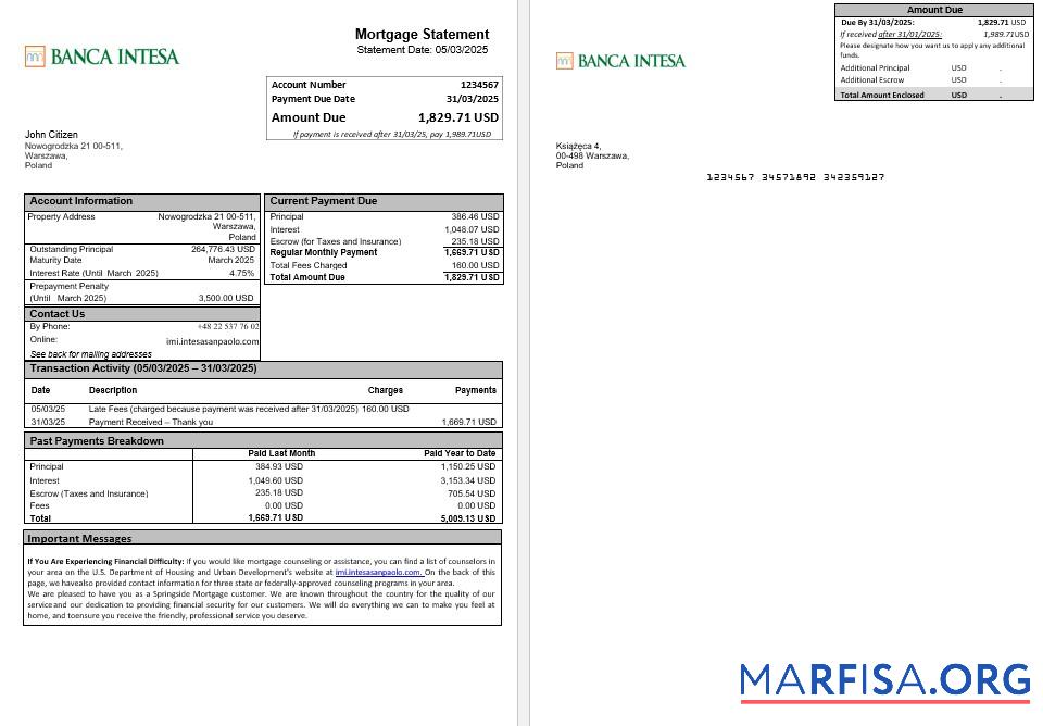 Polen Banca Intesa Hypothek Kontoauszug in Word and PDF Formate Vorlage