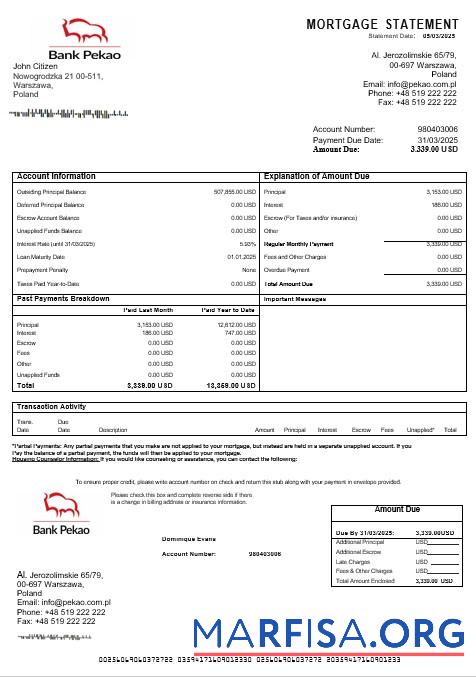 Polen Bank Pekao S.A Hypothek Kontoauszug in Word and PDF Formate Vorlage