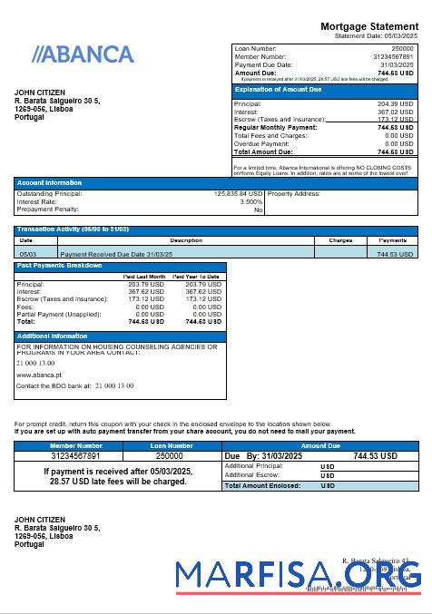 Portugal Abanca Hypothek Kontoauszug in Word and PDF Format Vorschau