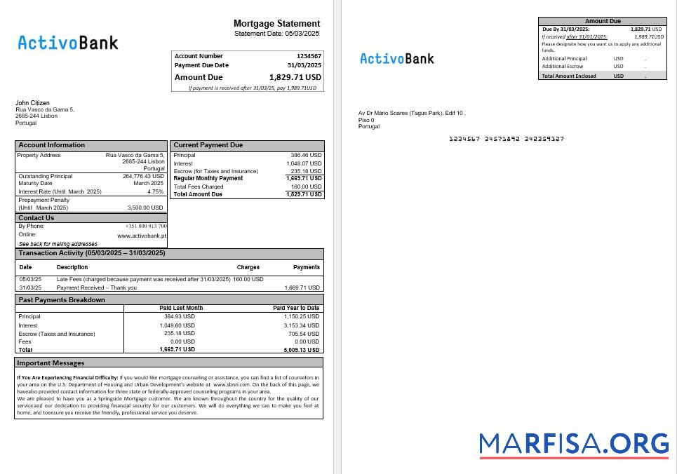 Portugal Activobank Hypothek Kontoauszug in Word and PDF Formate Vorschau