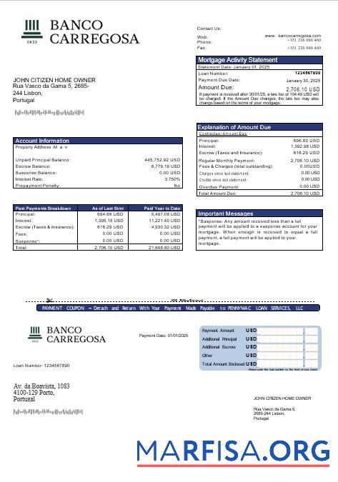 Portugal Banco Carregosa Hypothek Kontoauszug in Word and PDF Formate Vorschau