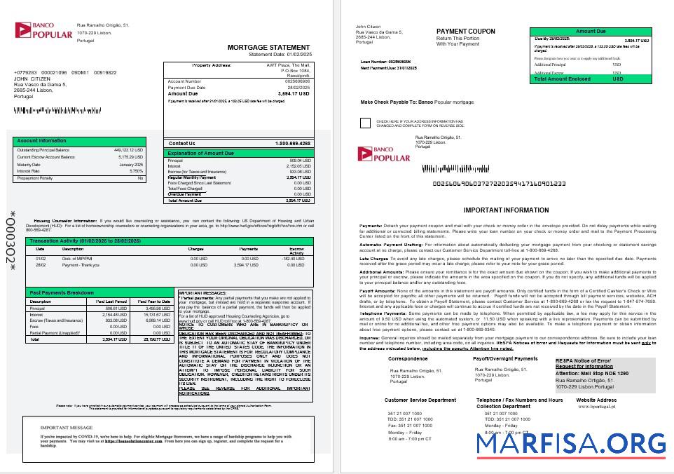 Portugal Banco Popular Hypothek Kontoauszug in Word and PDF Formate 1 2 Mockup