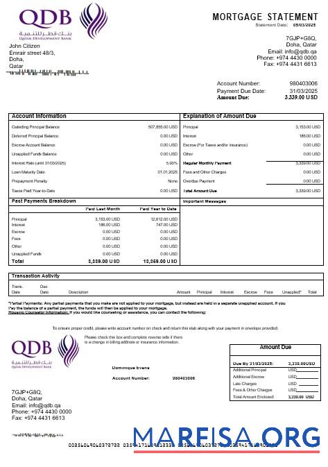Katar Development Bank Hypothek Kontoauszug in Word and PDF Formate Probe