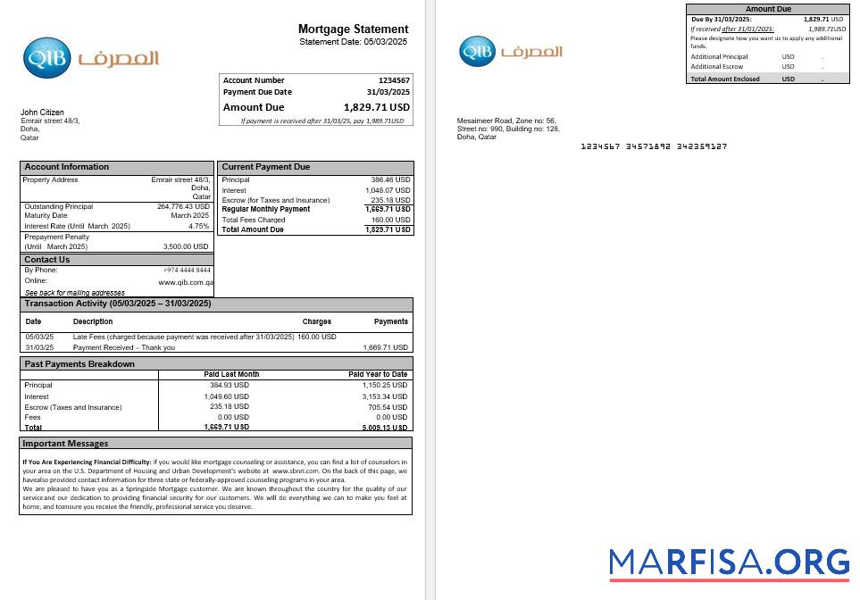Katar Islamic Bank Hypothek Kontoauszug in Word and PDF Formate Probe
