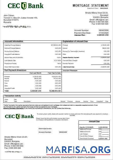 Rumänien CEC Bank Hypothek Kontoauszug in Word and PDF Formate Mockup