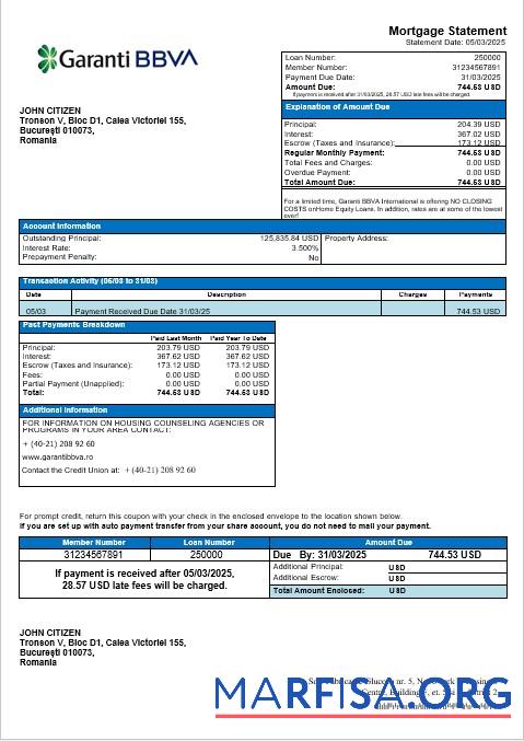 Rumänien Garanti BBVA Hypothek Kontoauszug in Word and PDF Formate Vorschau