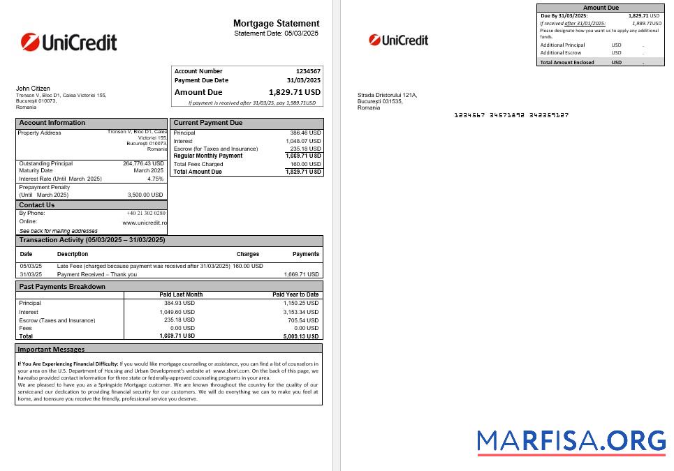 Rumänien Unicredit Bank Hypothek Kontoauszug in Word and PDF Formate Design