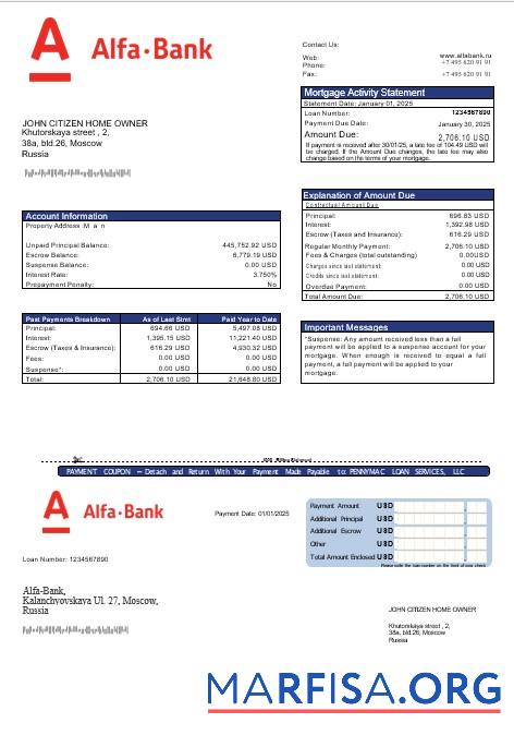 Russland Alfa Bank Hypothek Kontoauszug in Word and PDF Formate Design