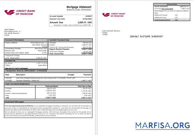 Russland Kredit Bank of Moscow Hypothek Kontoauszug in Word and PDF Formate Vorschau