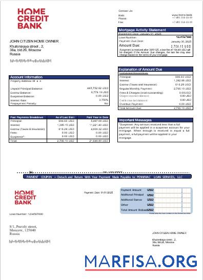 Russland Home Kredit Bank Hypothek Kontoauszug in Word and PDF Formate Design