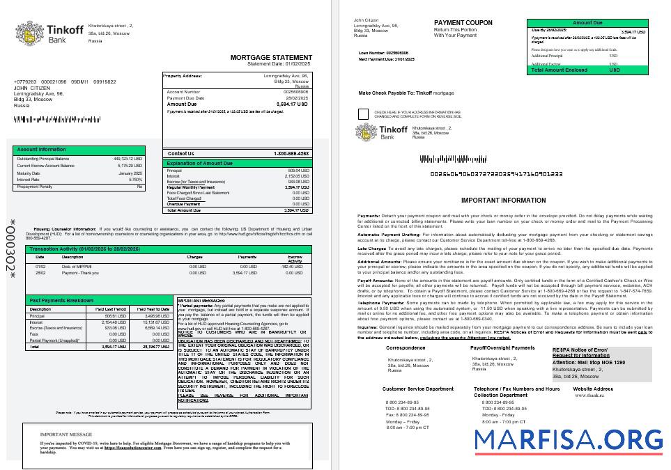 Russland Tinkoff Hypothek Kontoauszug in Word and PDF Formate 1 2 Vorschau