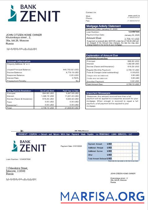 Russland Zenit Bank Hypothek Kontoauszug in Word and PDF Formate Vorlage